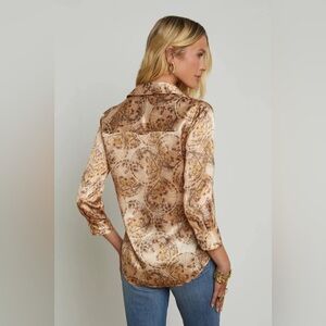 L'AGENCE Tan and Brown Fitted Button Down Shirt with Notched Collar